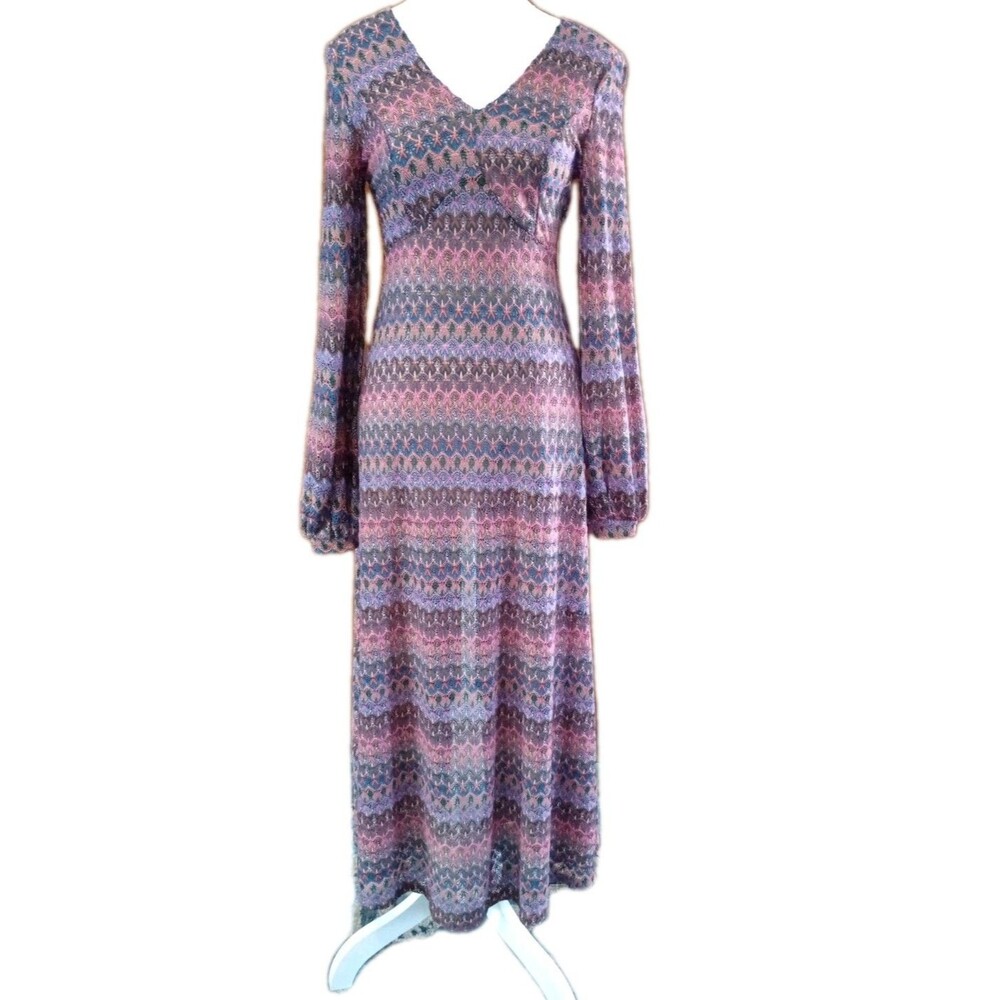 Altar'd State Sz S multicolor woven crochet Balloon Sleeve Maxi Dress Zig Zag